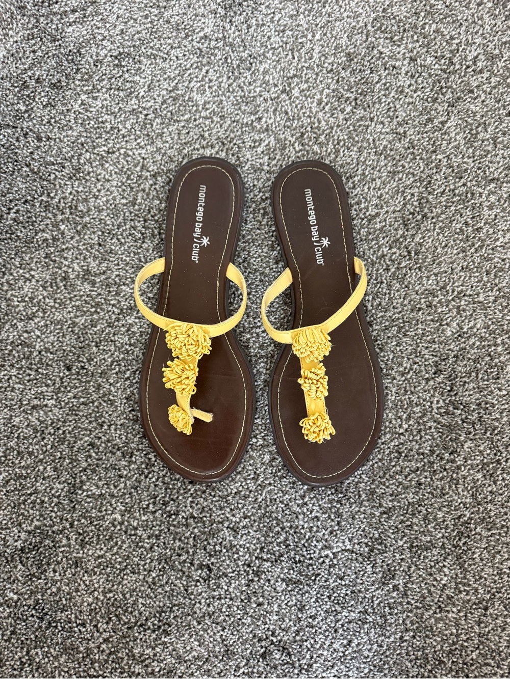 Montego Bay Club Women's Yellow Braided T-Strap Sandals with Brown Footbed